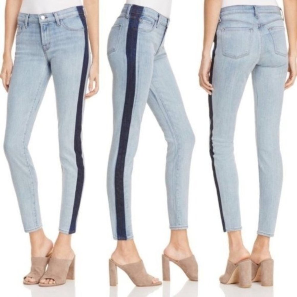 J Brand Jeans Mid Rise Super Skinny Tribeca Side Stripe Light Wash Denim…